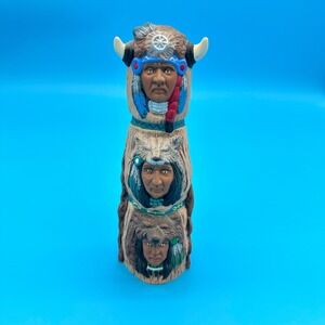 Native American Totem Pole Ceramic Figurine Buffalo‎ Wolf Bear Headdress 3 Tier